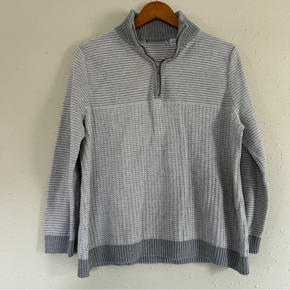 Grey Striped Quarter Zip Pullover Sweater Neutral Comfy Casual XL